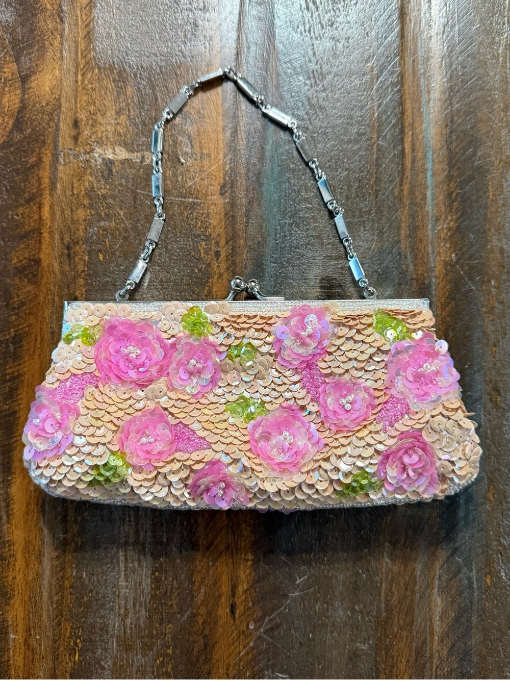Preston & York Floral Sequin and Beaded Kiss Lock Evening Clutch EUC